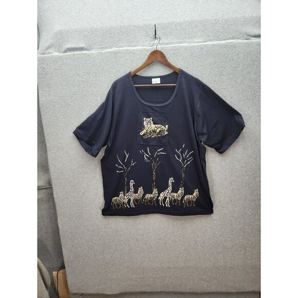 Bobbie Brooks Womens Navy Blue Animal Print T-Shirt Size 18W/20W Made In USA 50% - Picture 1 of 4